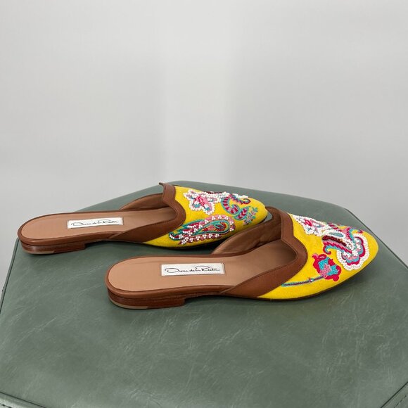 Vintage 1990s Oscar De La Renta Yellow Beaded Floral Pattern Leather Size 6.5 - Picture 6 of 7